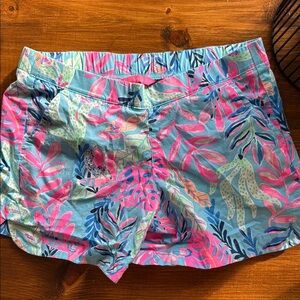 Lilly Pulitzer Pink and Blue Athletic Shorts Vibrant Tropical Print